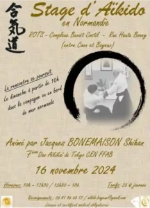 Aikido Cherbourg Cotentin : info arts martiaux japonais bien-être affiche stage Rots Jacques Bonnemaison 2024