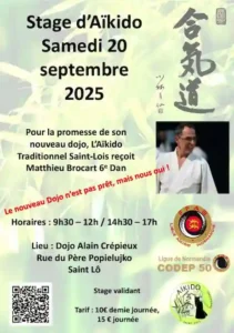 Aikido Cherbourg Cotentin arts martiaux japonais zen bien-être sport de combat : affiche stage loisir St Lô septembre 2025 v3