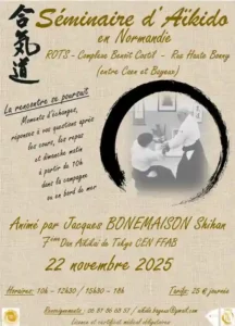 Aikido Cherbourg Cotentin arts martiaux japonais zen bien-être sport de combat : affiche stage loisir Rots Novembre 2025