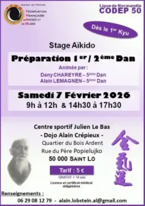 Clubs Arts martiaux japonais zen et combat : Aikido Cherbourg Cotentin annonce stage fevrier Dojo St Lô