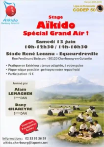 Aikido Cherbourg Cotentin pour son dojo en extérieur : affiche stage du 13 juin, arts martiaux et bien-être, soyez zen !