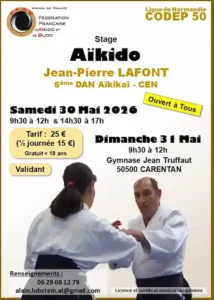Aikido Cherbourg Cotentin : affiche stage à Carentan fin mai 2026, arts martiaux et bien-être, soyez zen !